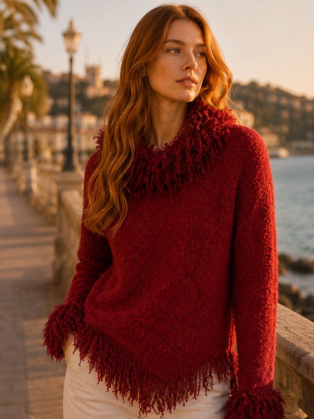 Baluchi Red Fringe Boucle Sweater Size L/XL